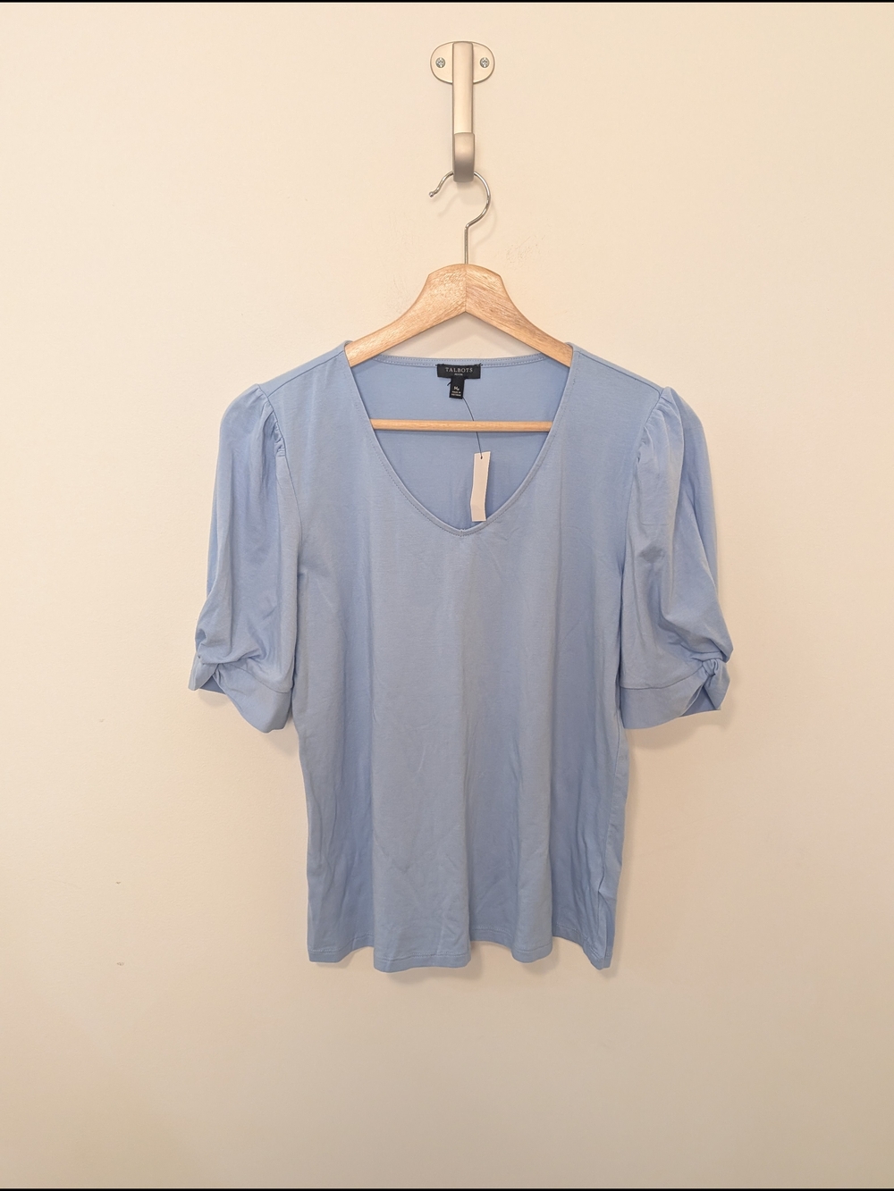 Talbots Light Blue Puff Sleeve V-Neck Short Sleeve Top Women's Medium Petite